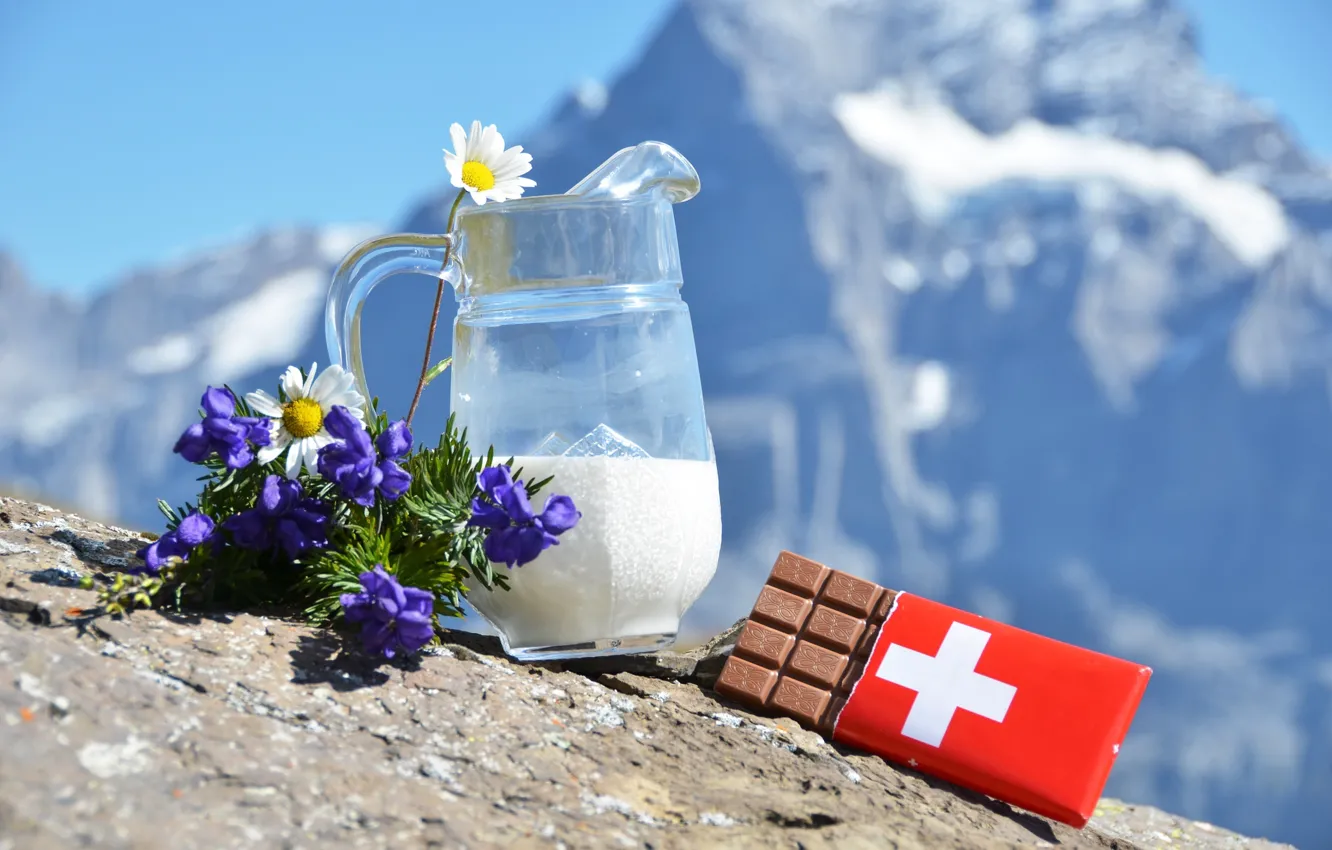 Photo wallpaper flowers, chocolate, chamomile, milk, Alps, Swiss