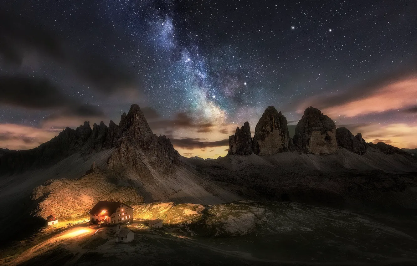 Photo wallpaper mountains, night, home, the milky way, The Dolomites