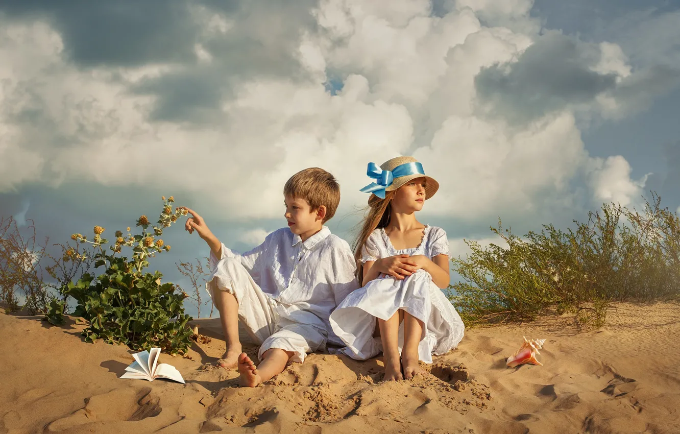 Photo wallpaper sand, summer, the sky, clouds, nature, children, vegetation, boy