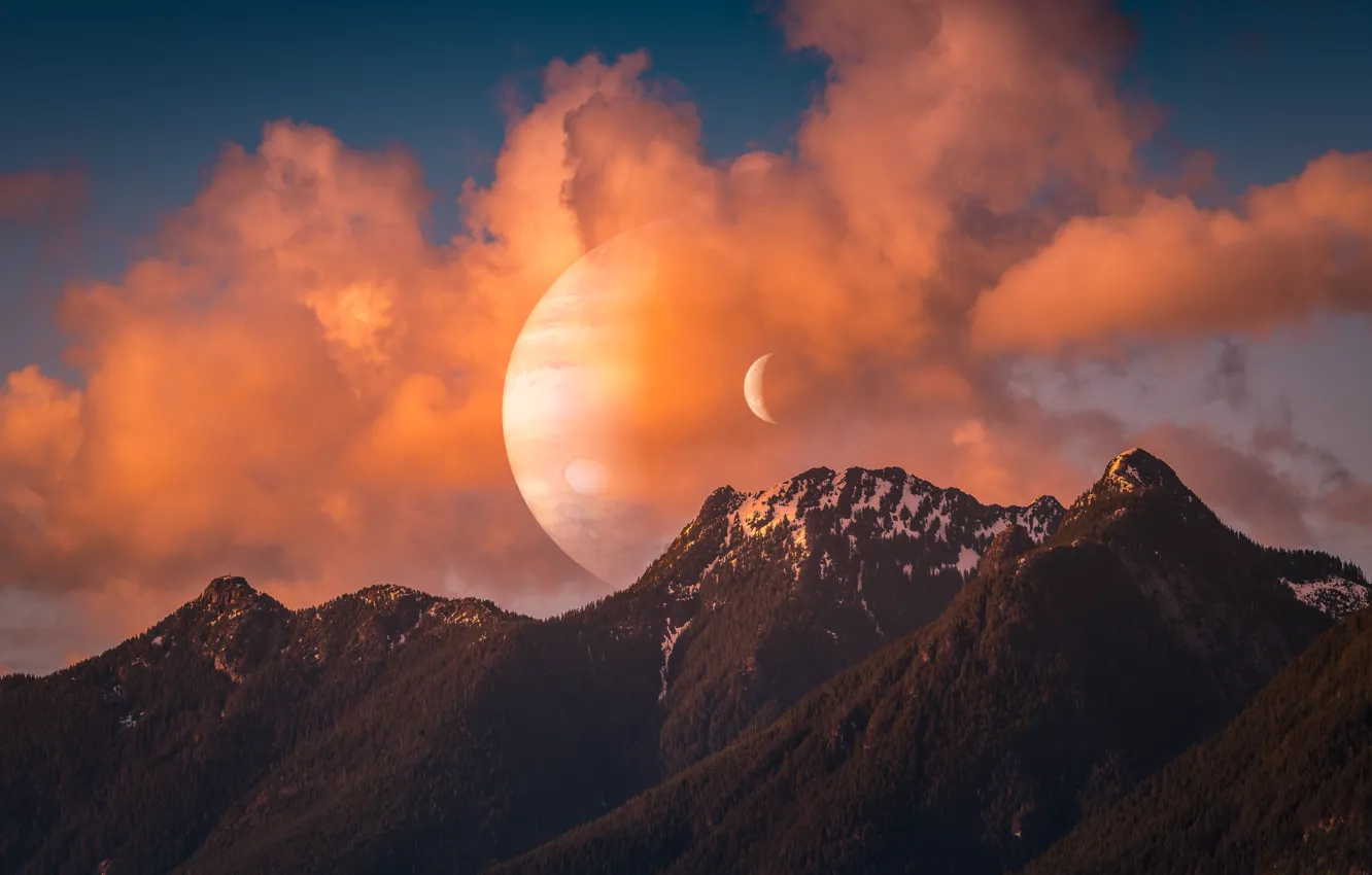 Photo wallpaper forest, the sky, space, clouds, sunset, mountains, rendering, fiction
