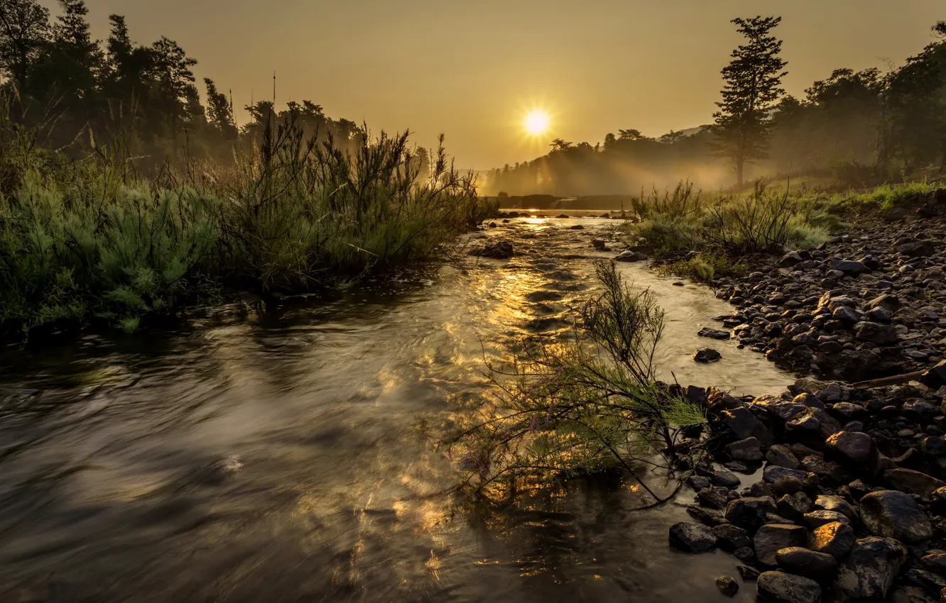Photo wallpaper sunset, nature, river