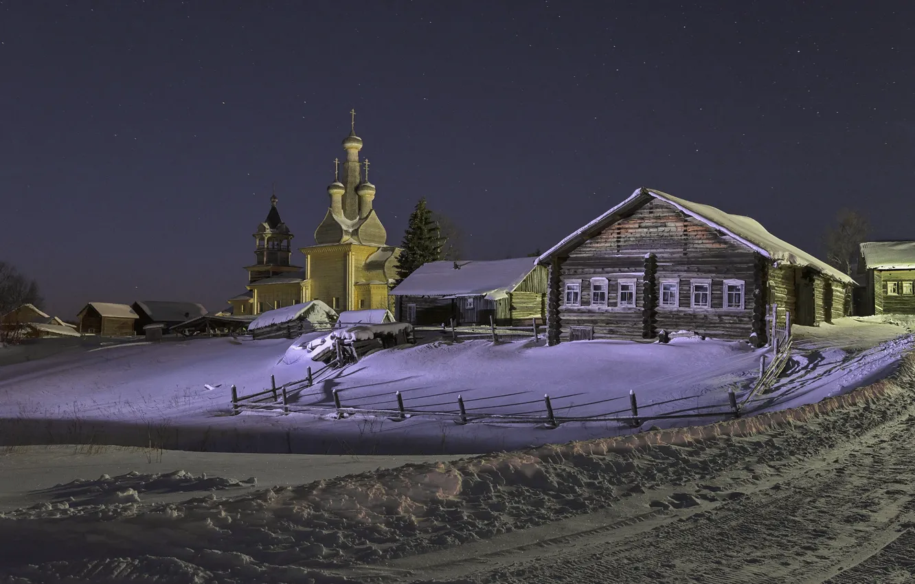 Photo wallpaper winter, snow, landscape, night, nature, home, village, Church