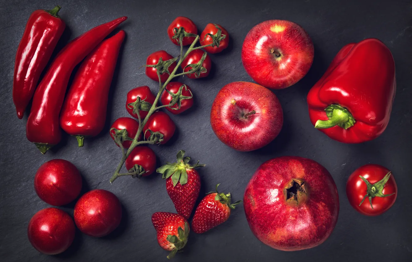 Photo wallpaper apples, strawberry, pepper, peaches, tomatoes, garnet