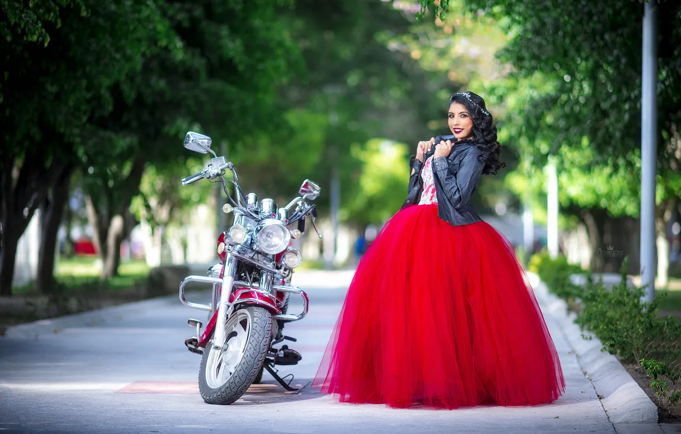 Photo wallpaper girl, pose, motorcycle, Valeria
