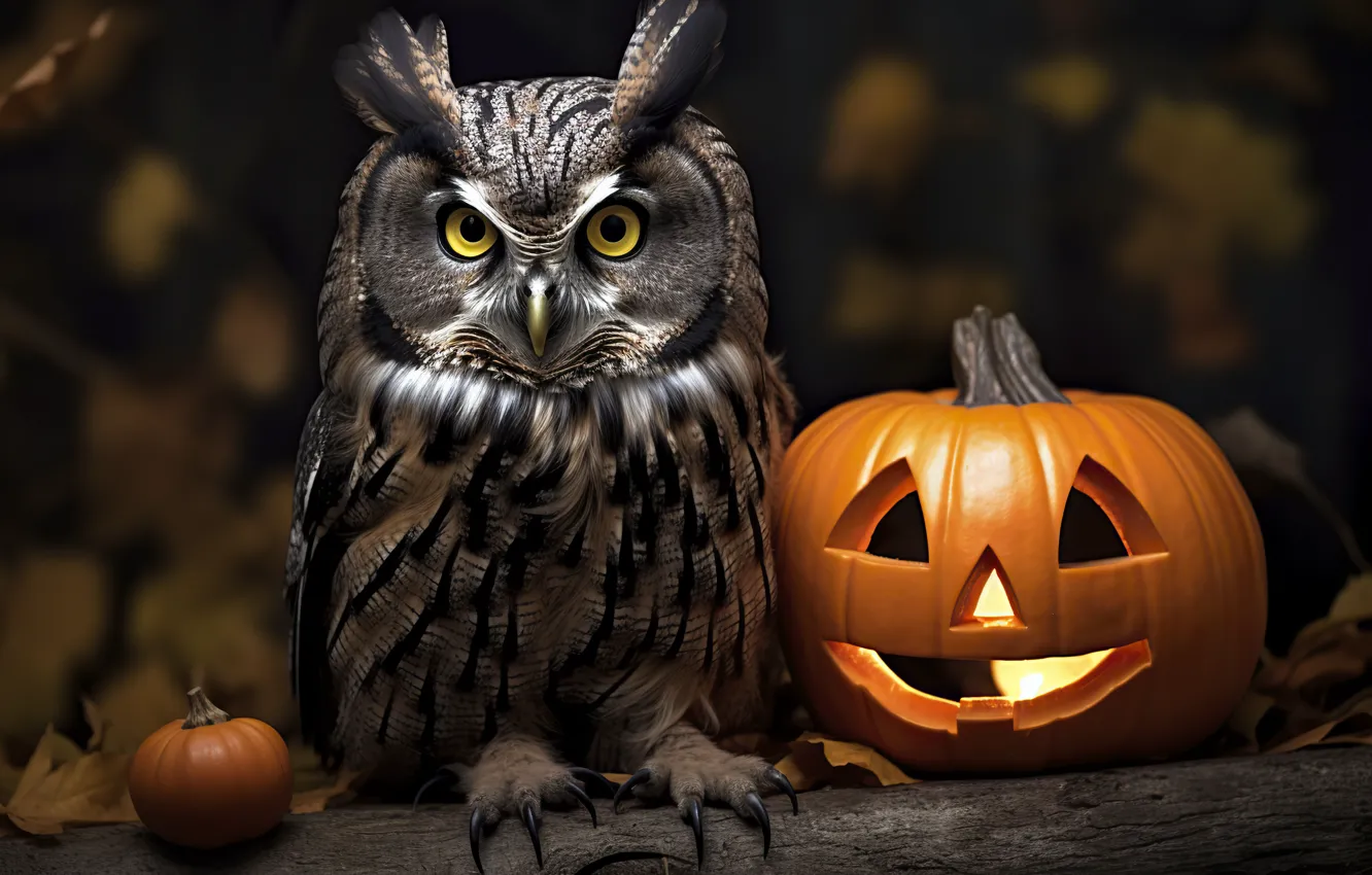 Photo wallpaper autumn, look, night, nature, owl, bird, pumpkin, Halloween