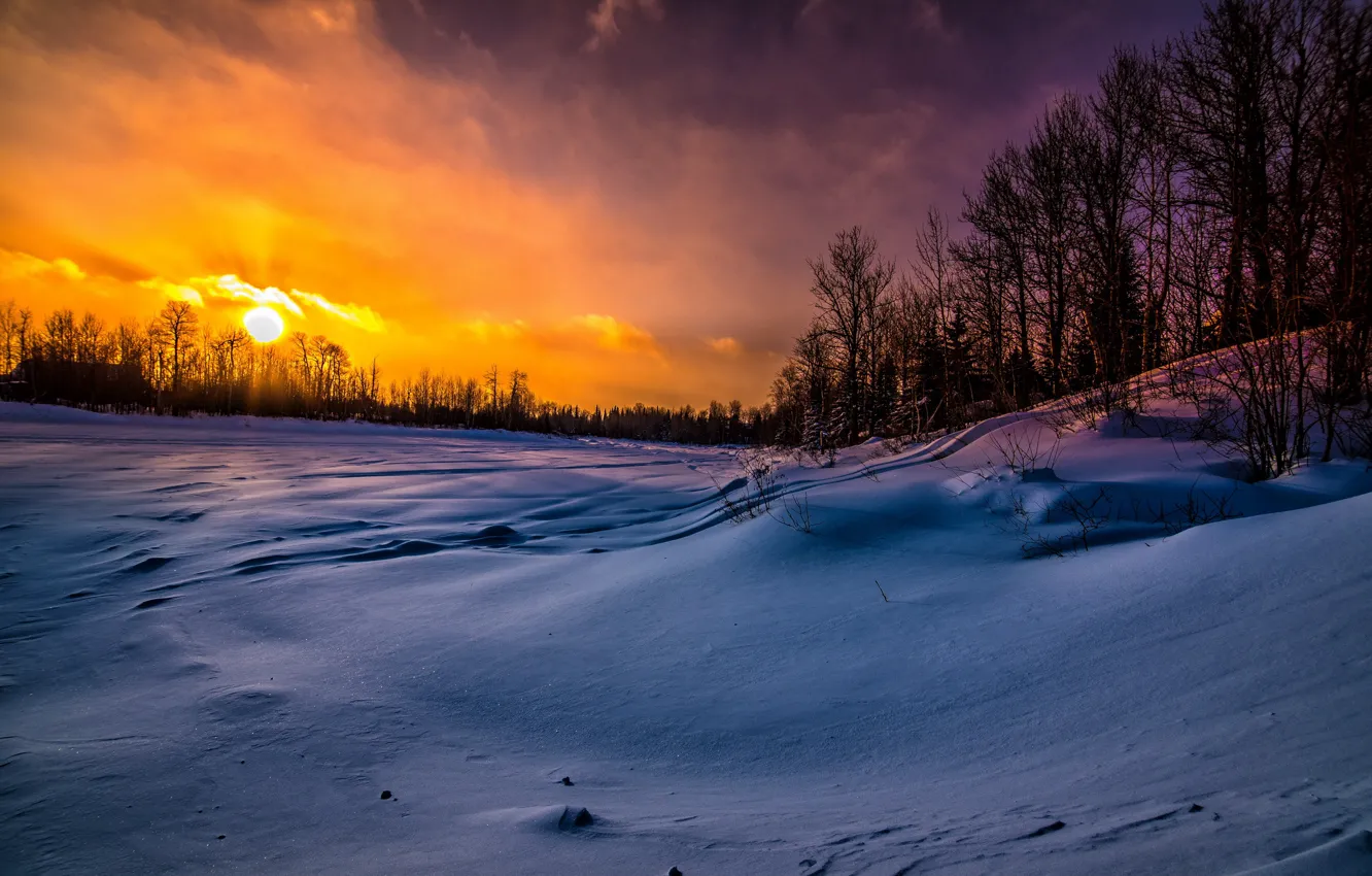 Photo wallpaper winter, snow, sunset