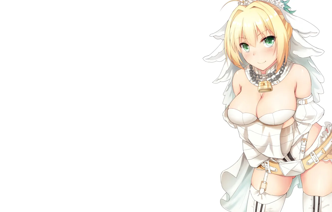 Photo wallpaper girl, sexy, cleavage, thighhighs, boobs, saber, anime, beautiful