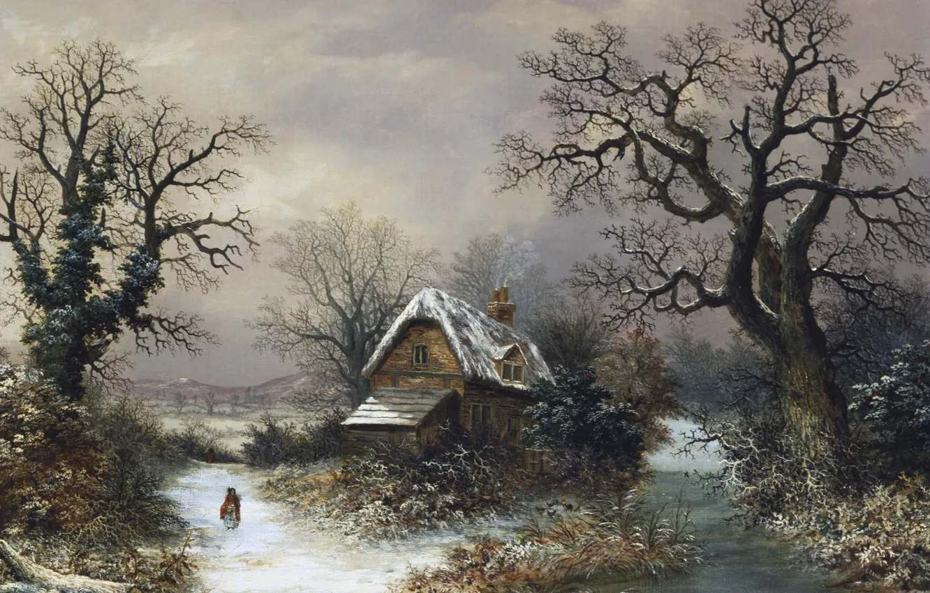 Photo wallpaper winter, trees, landscape, house, art