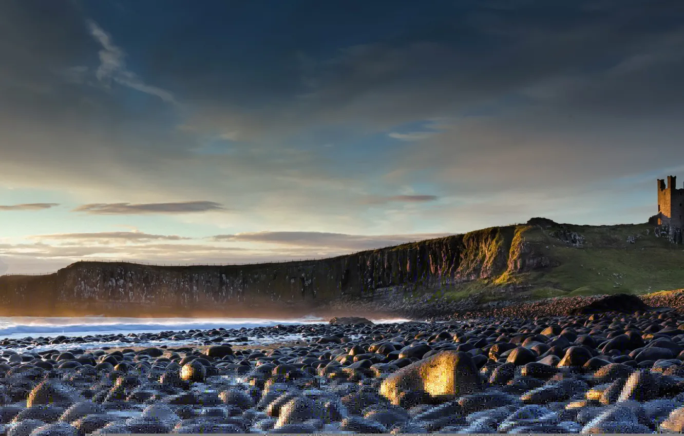 Photo wallpaper sunrise, Northumberland, Dunstanburgh Castle