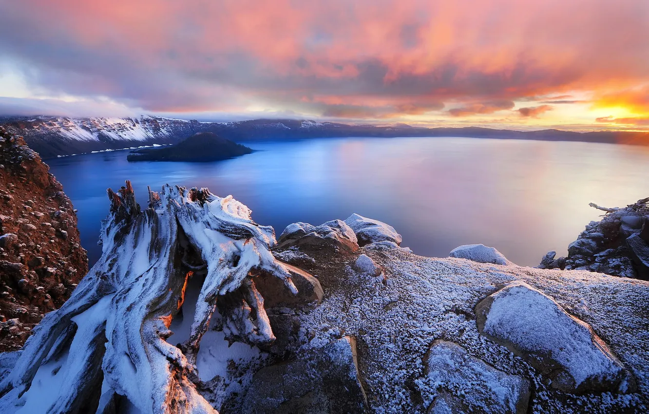 Photo wallpaper mountains, lake, dawn, USA, crater, Oregon, Crater Lake