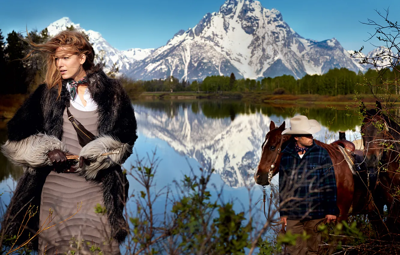 Photo wallpaper forest, landscape, mountains, nature, lake, hat, actress, horse