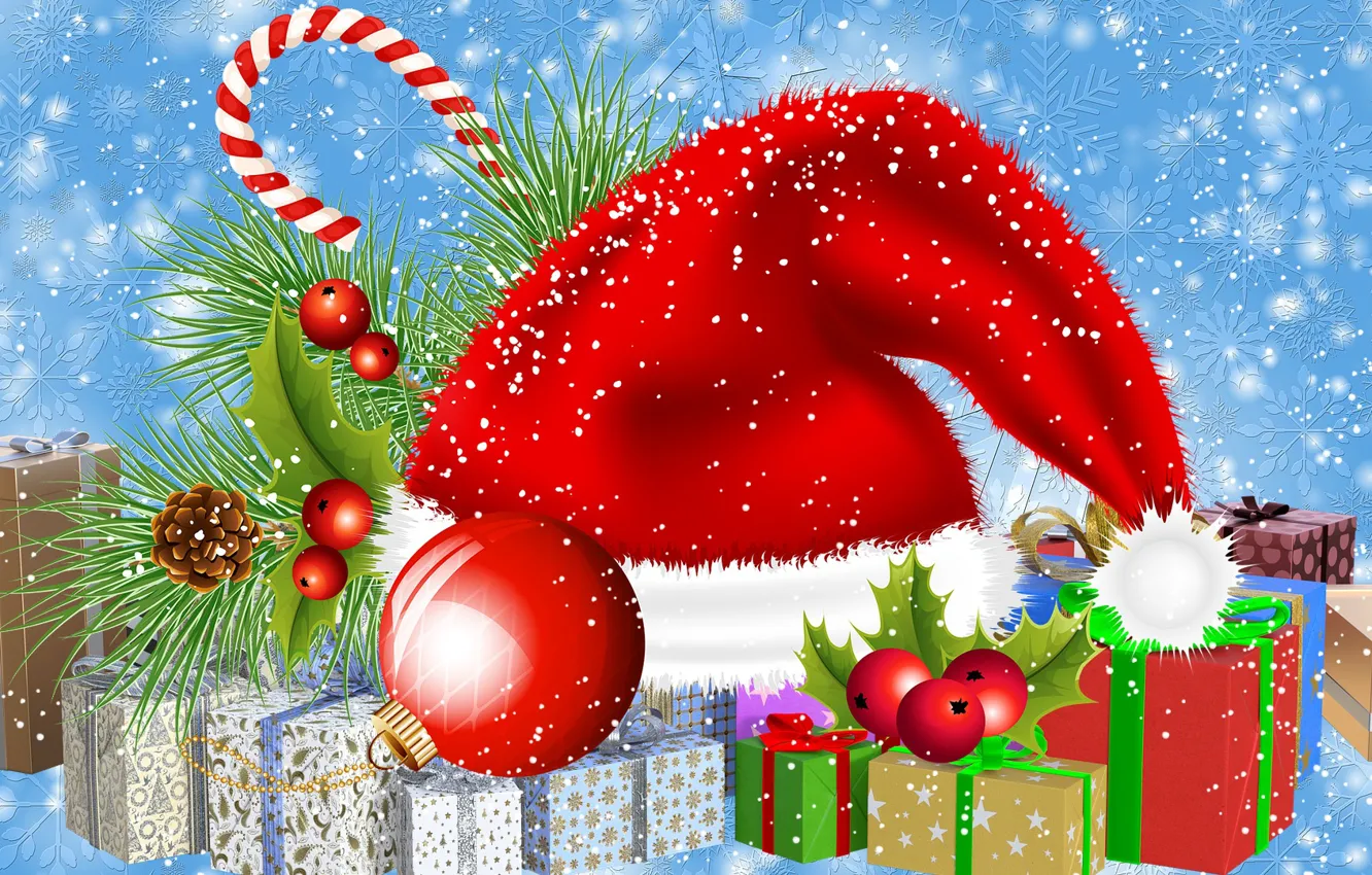 Photo wallpaper Christmas, Hat Of Santa Claus, Bombki