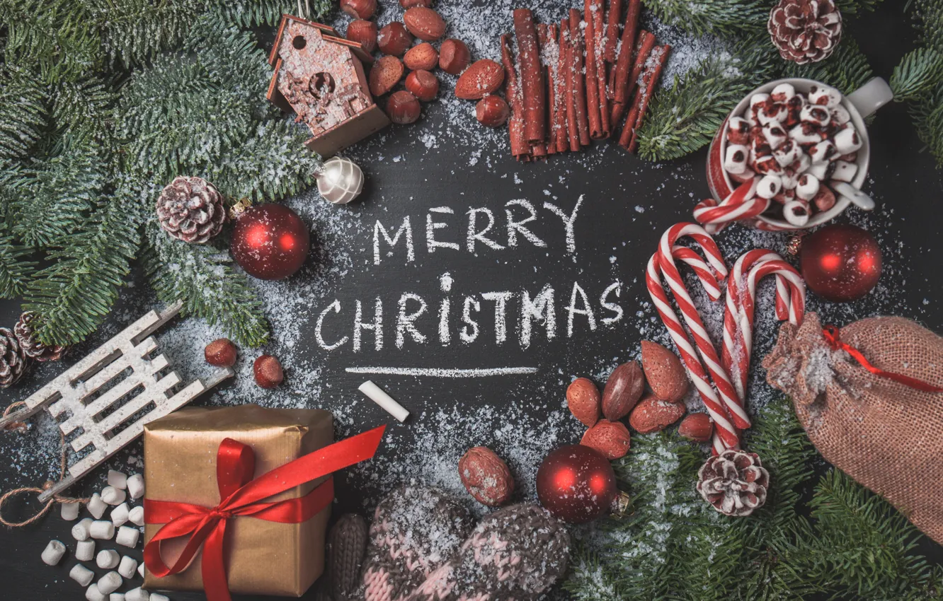 Photo wallpaper gift, new year, Christmas, candy, mug, nuts, Christmas, bumps