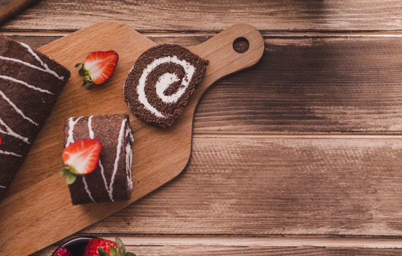 Photo wallpaper chocolate, cream, dessert, wood, sweet, roll, cutting Board