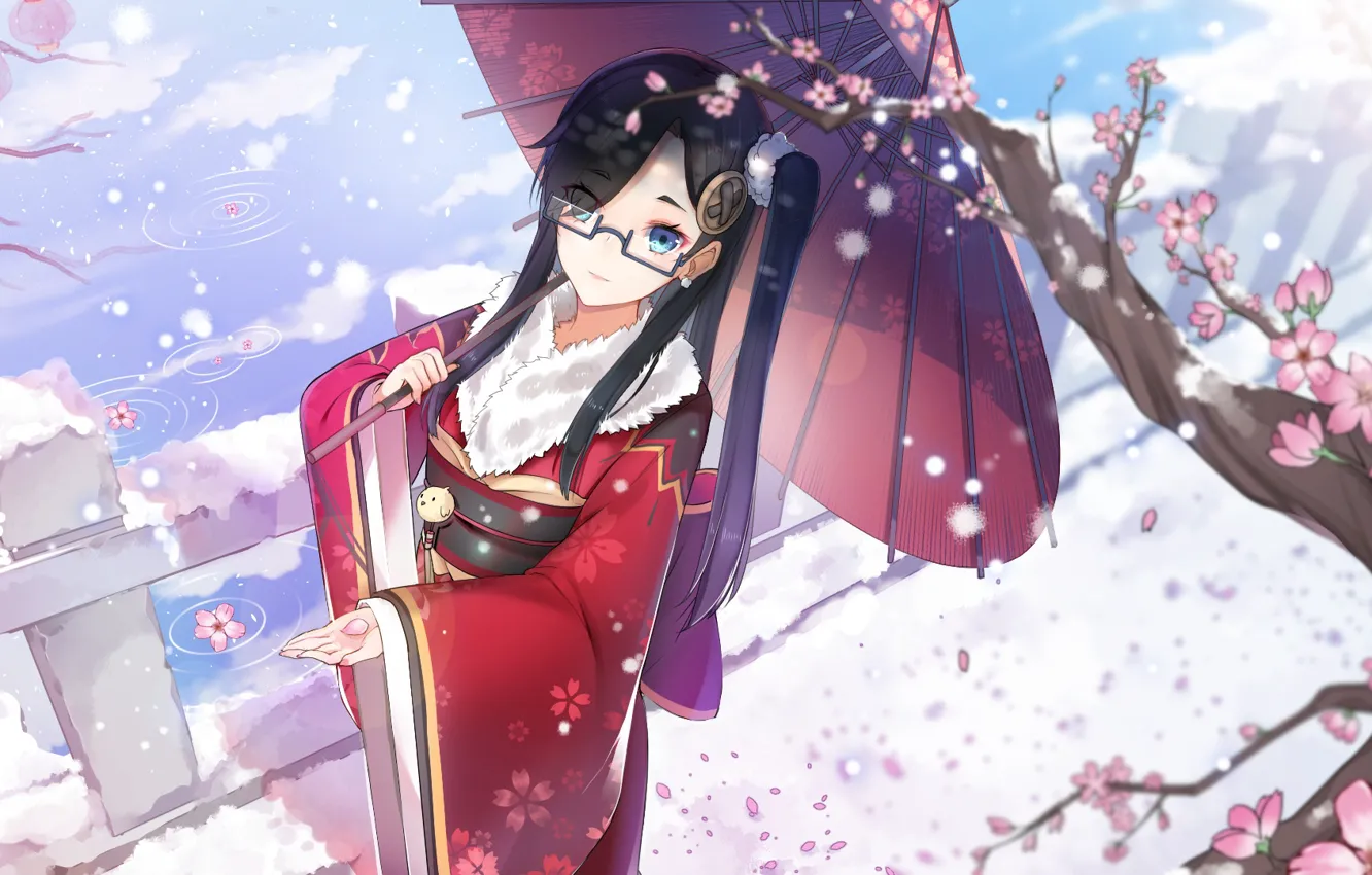 Photo wallpaper snow, bridge, river, umbrella, Sakura, glasses, girl, fur