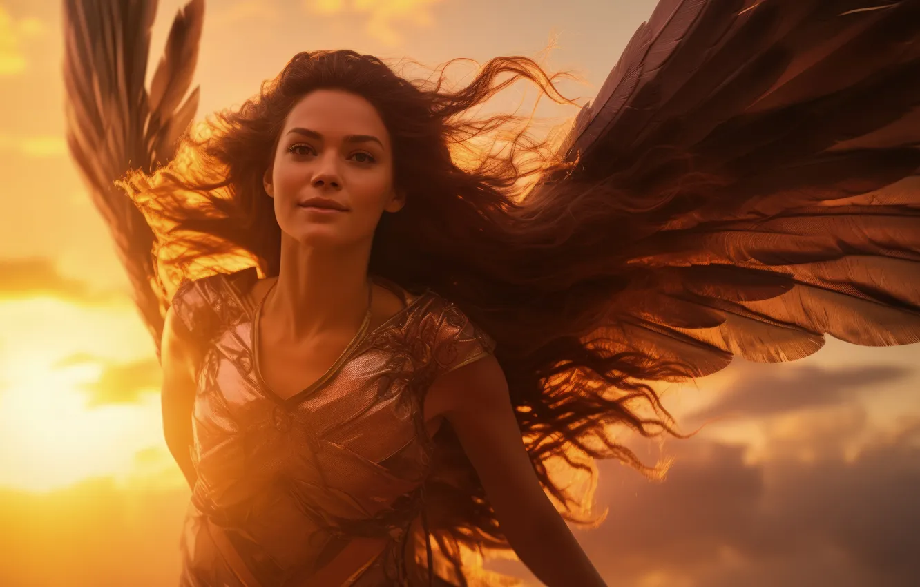 Photo wallpaper girl, dawn, hair, wings, angel, digital art, AI art, The Art of Artificial Intelligence