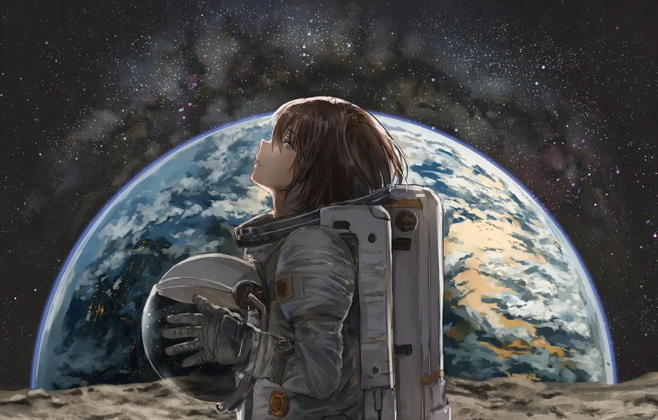 Photo wallpaper girl, space, fiction, astronaut, Earth