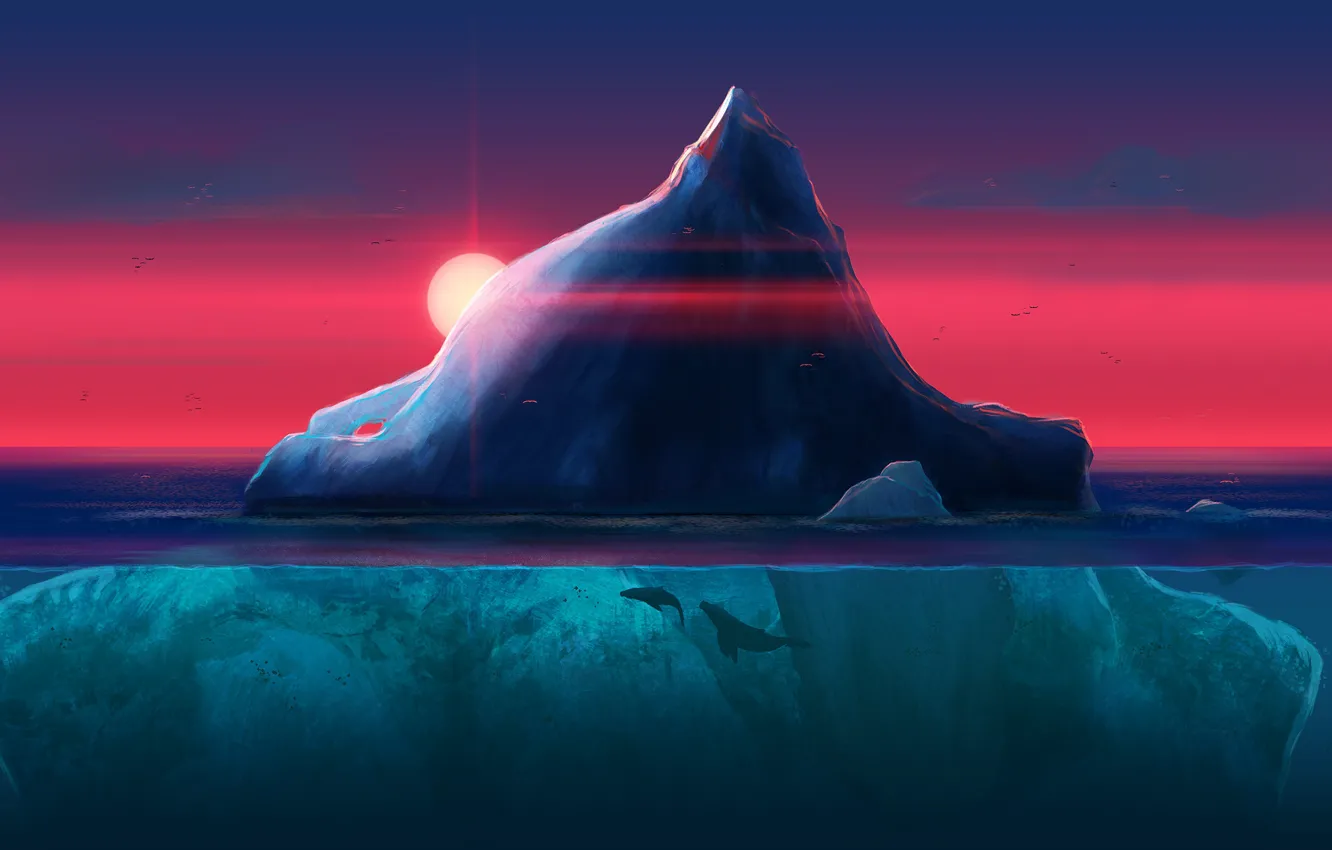 Photo wallpaper Sunset, The sun, The ocean, Figure, Kit, Iceberg, Whales, Fantasy