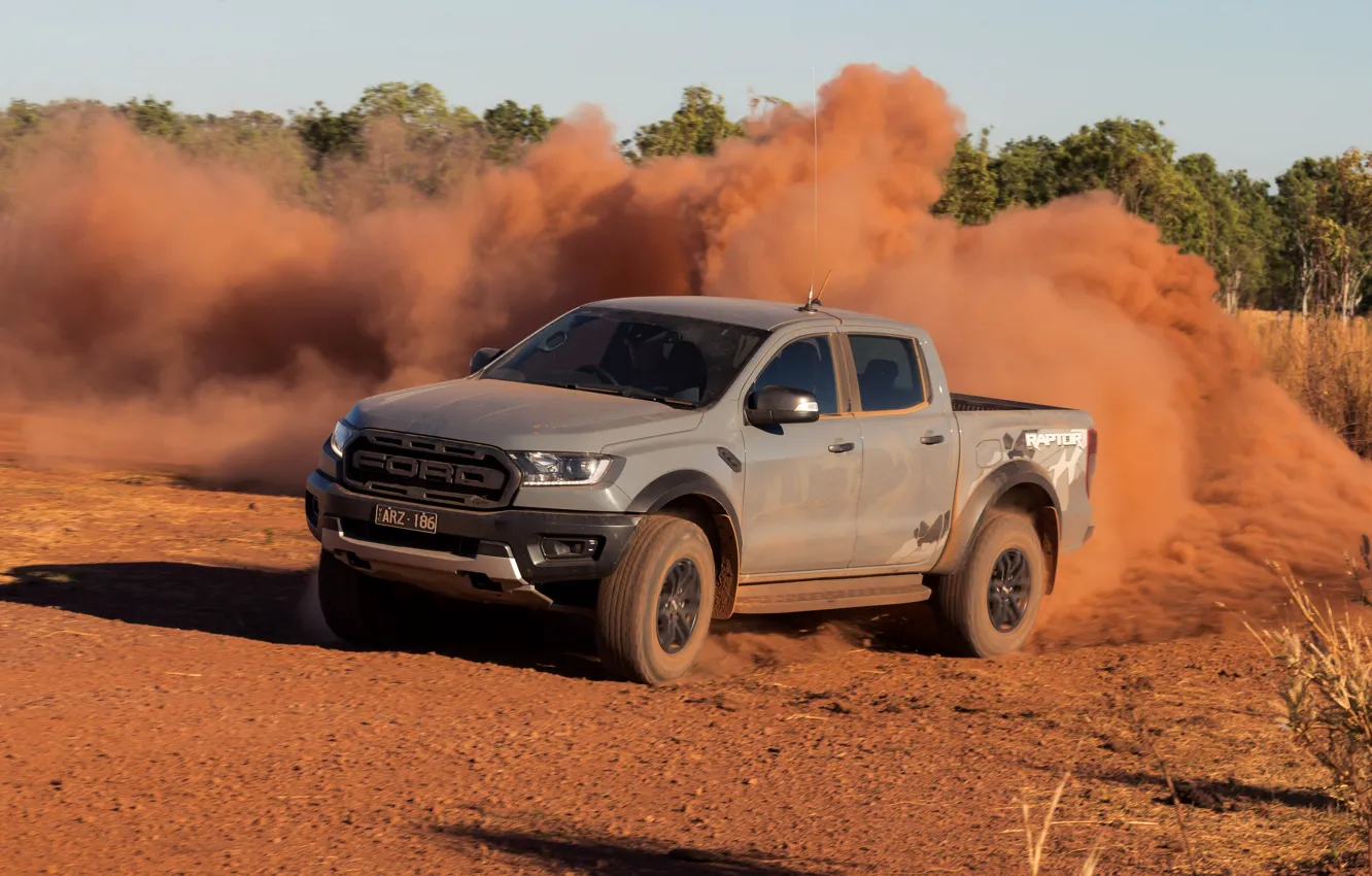 Photo wallpaper grey, Ford, dust, Raptor, pickup, 2018, the ground, Ranger