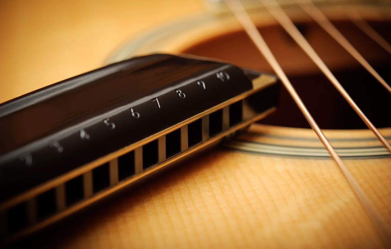 Photo wallpaper guitar, strings, harmonica, acoustics, macro.