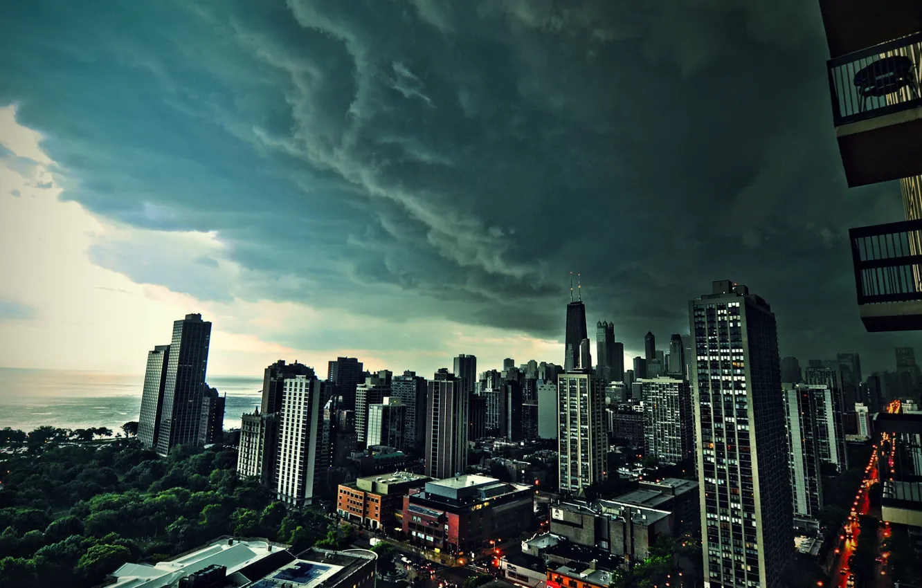 Photo wallpaper clouds, the city, background