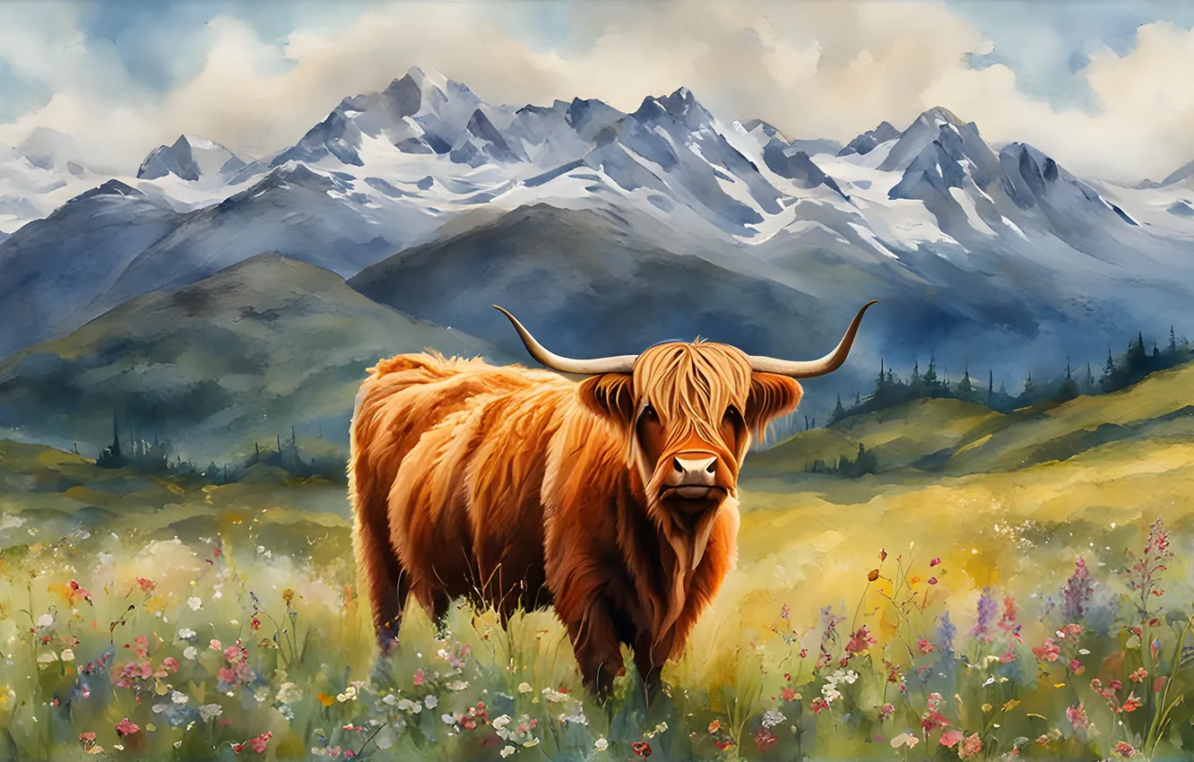 Photo wallpaper field, mountains, cows, bull, Scottish, imitation painting, AI art, neural network