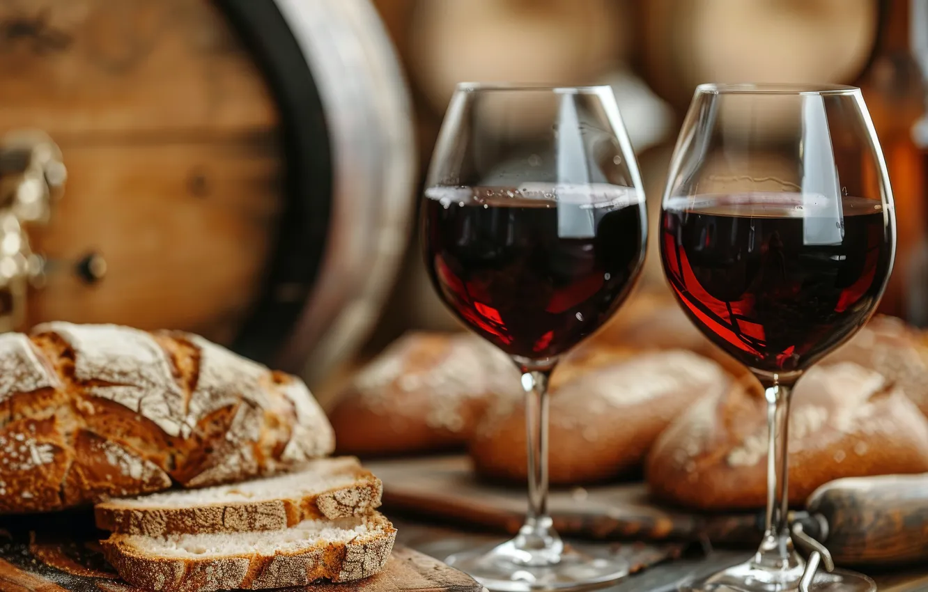 Photo wallpaper table, wine, glasses, bread, pieces, barrel, cutting, barrel