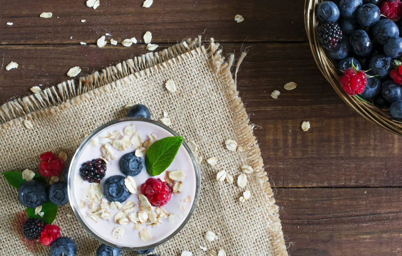 Photo wallpaper berries, raspberry, blueberries, ajivika, yogurt