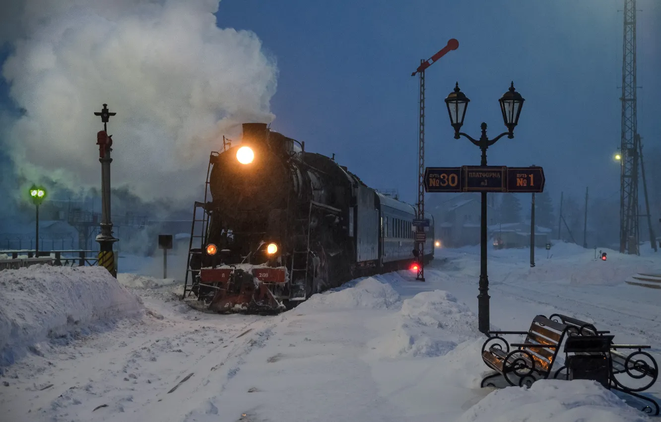 Photo wallpaper winter, snow, bench, night, the engine, station, lights, Karelia