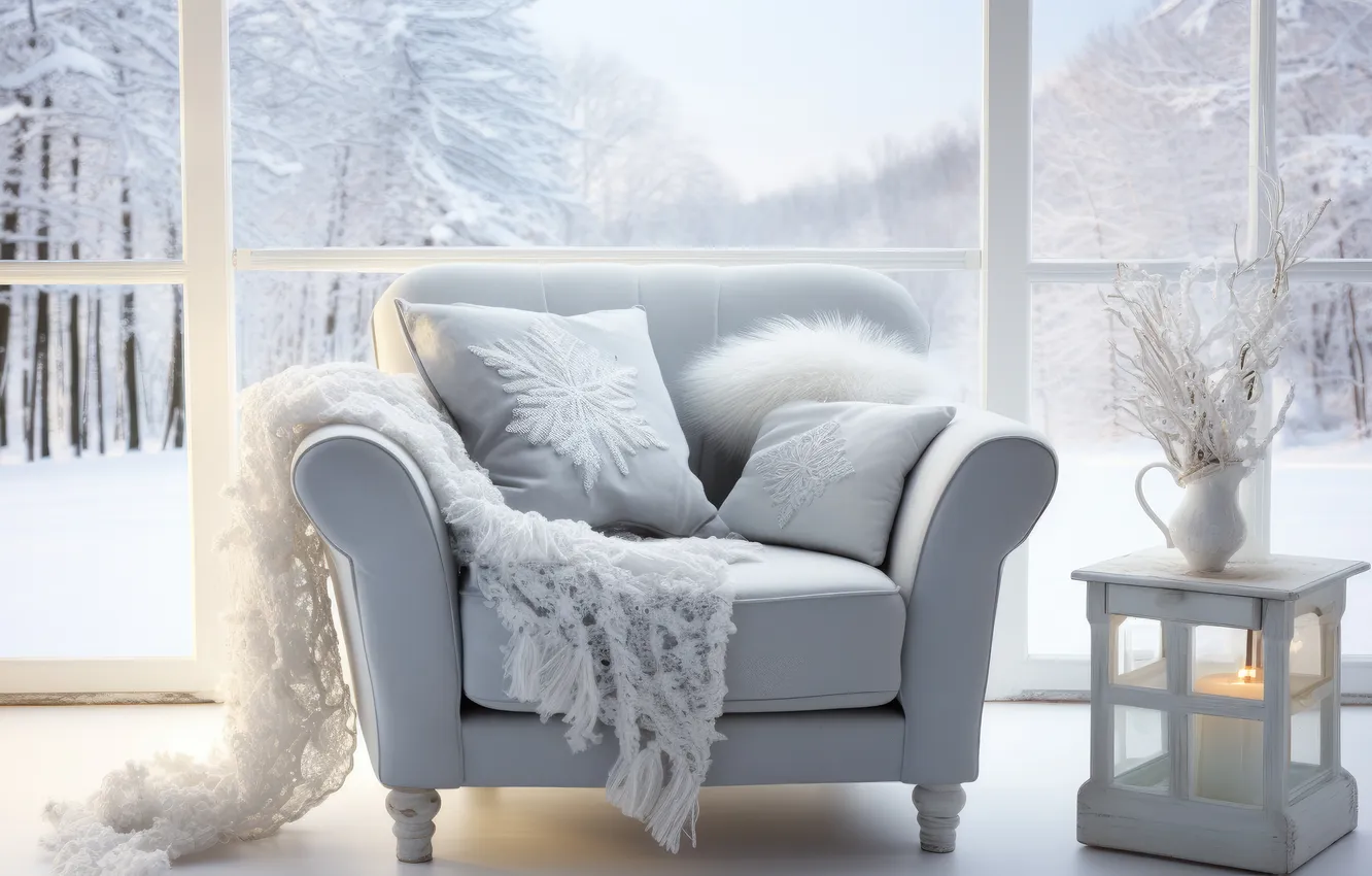 Photo wallpaper winter, frost, snow, decoration, room, new year, interior, chair