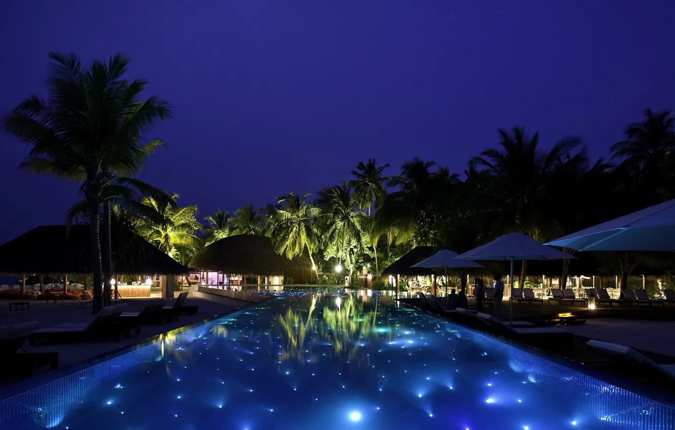 Photo wallpaper night, tropics, pool, houses, the Maldives, pool, sunbeds, Palma.