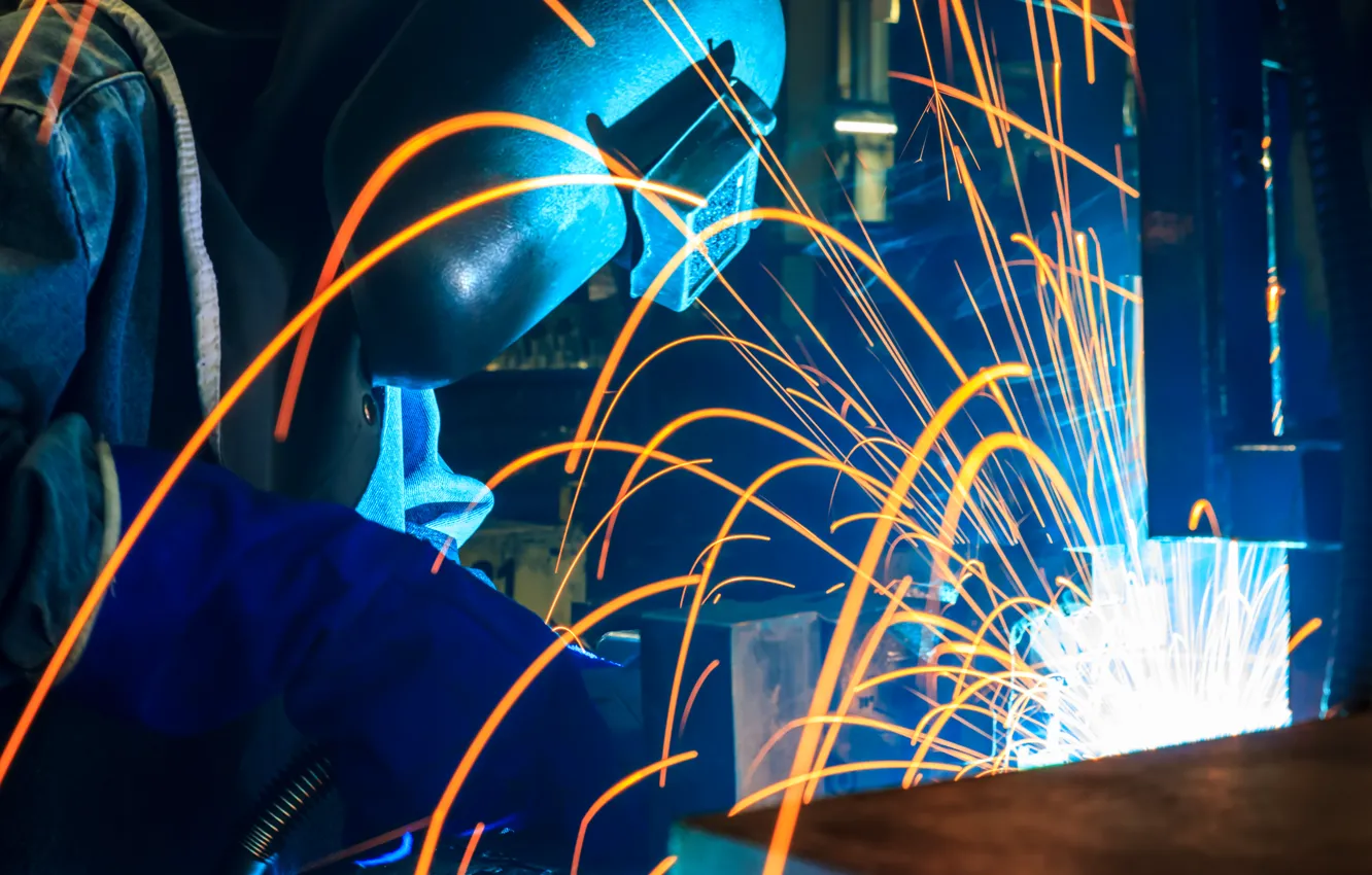 Photo wallpaper sparks, welder, personal protective equipment, metallurgical