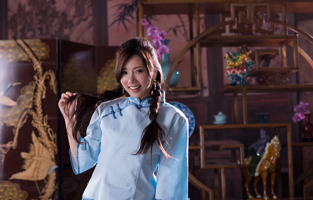 Photo wallpaper look, pose, smile, model, portrait, interior, makeup, hairstyle