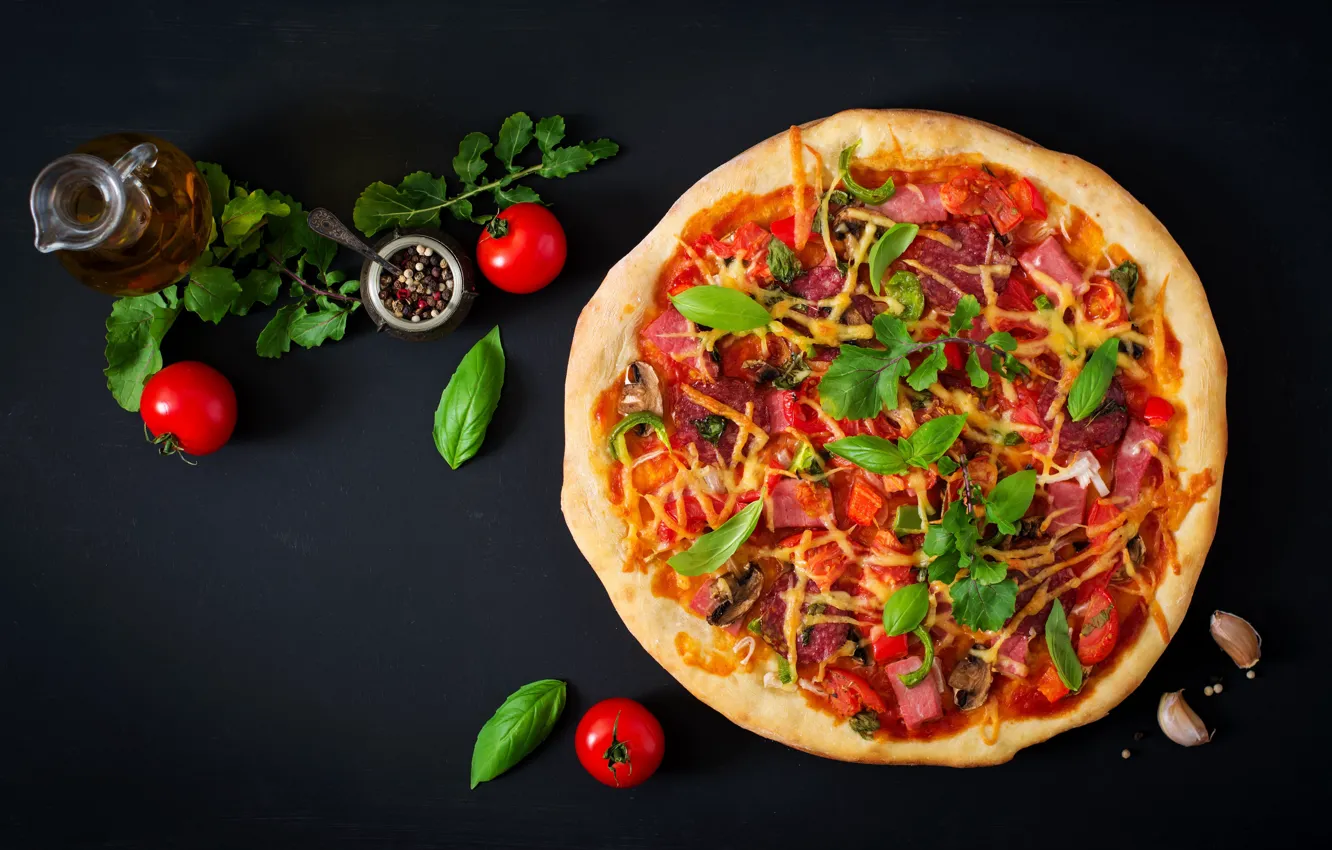 Photo wallpaper greens, pizza, tomato
