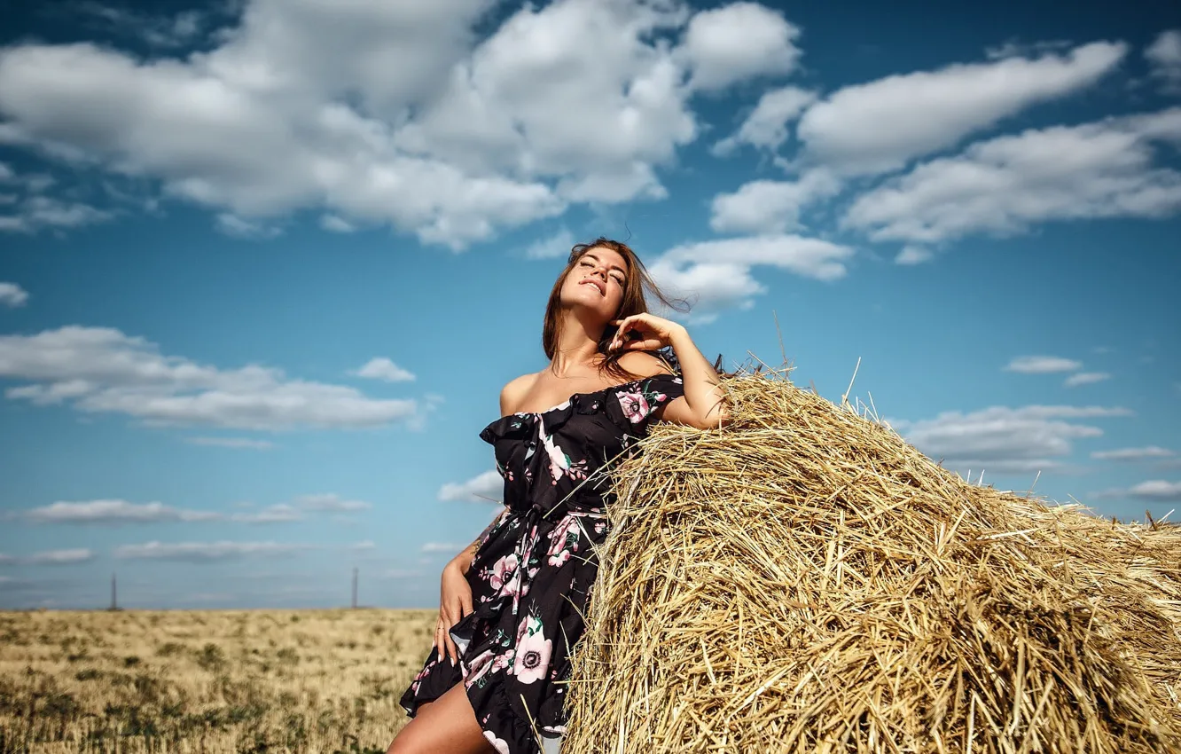 Photo wallpaper summer, girl, happiness, pose, smile, mood, dress, hay