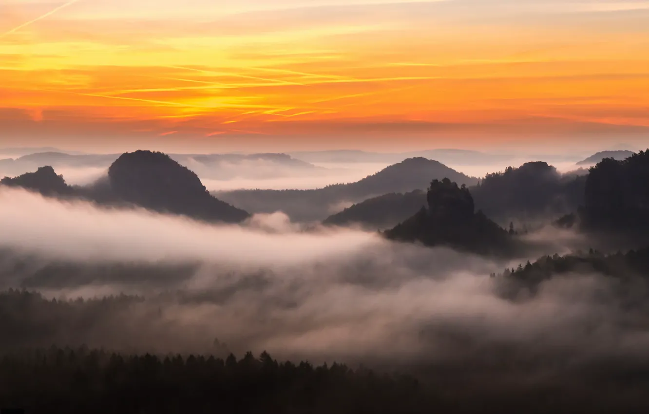 Photo wallpaper mountains, fog, morning