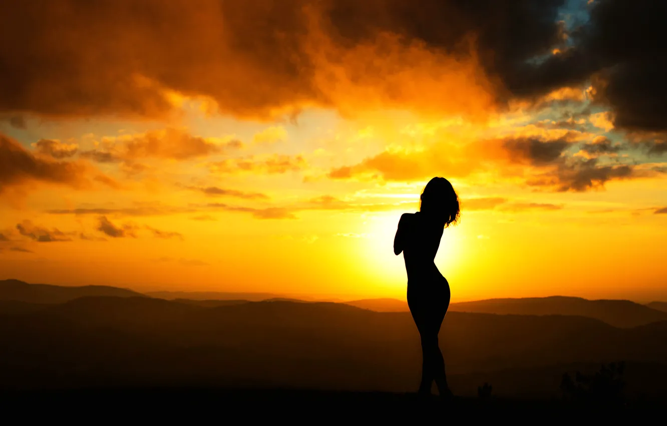 Photo wallpaper girl, sunset, silhouette