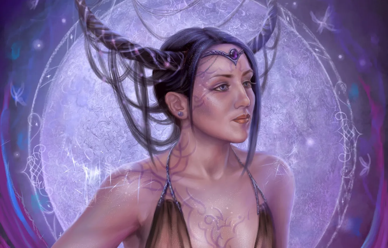 Photo wallpaper girl, decoration, tattoo, art, sparks, horns