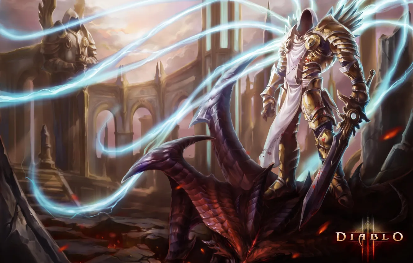 Photo wallpaper castle, magic, monster, sword, art, corpses, Diablo 3, Tyrael