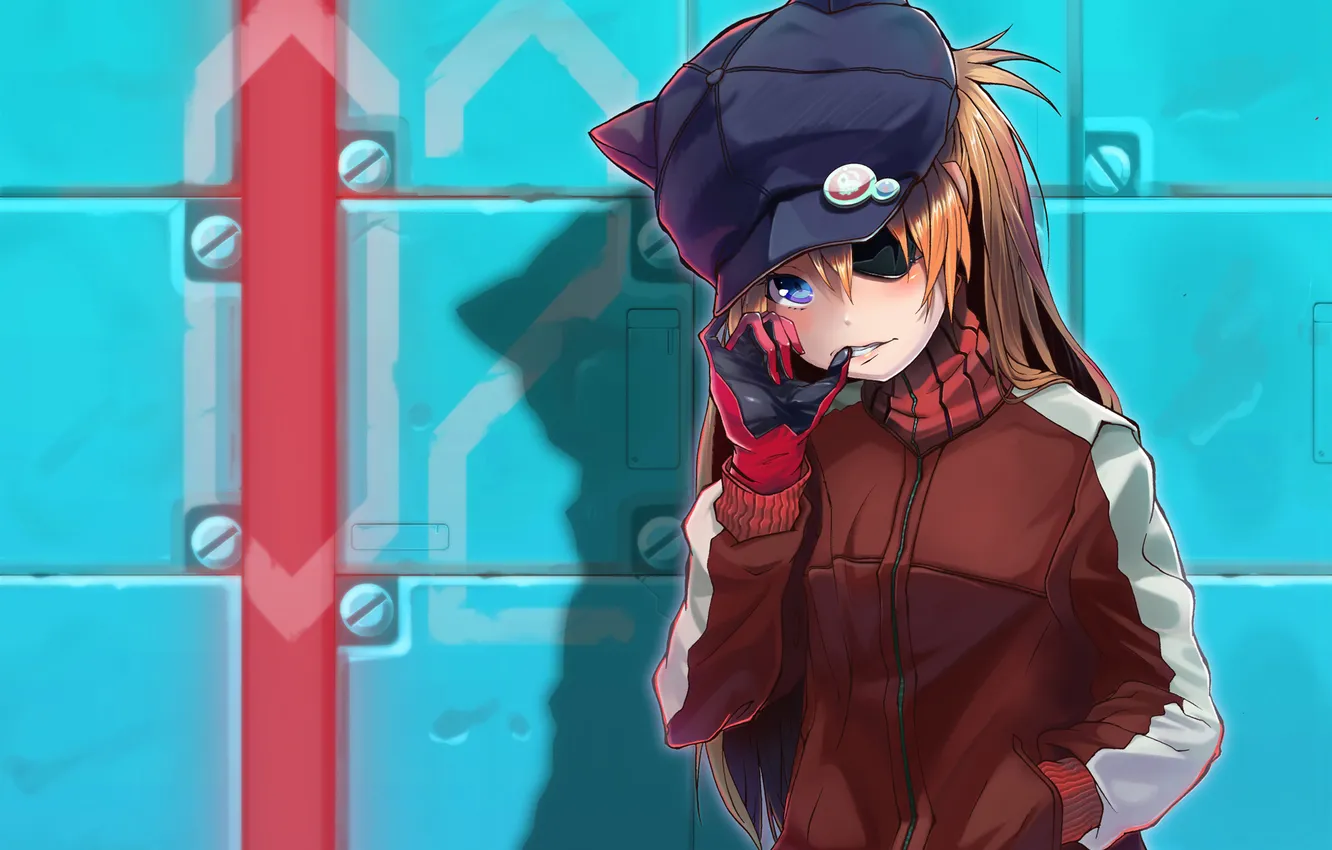 Photo wallpaper girl, wall, art, jacket, headband, cap, ears, Neon Genesis Evangelion