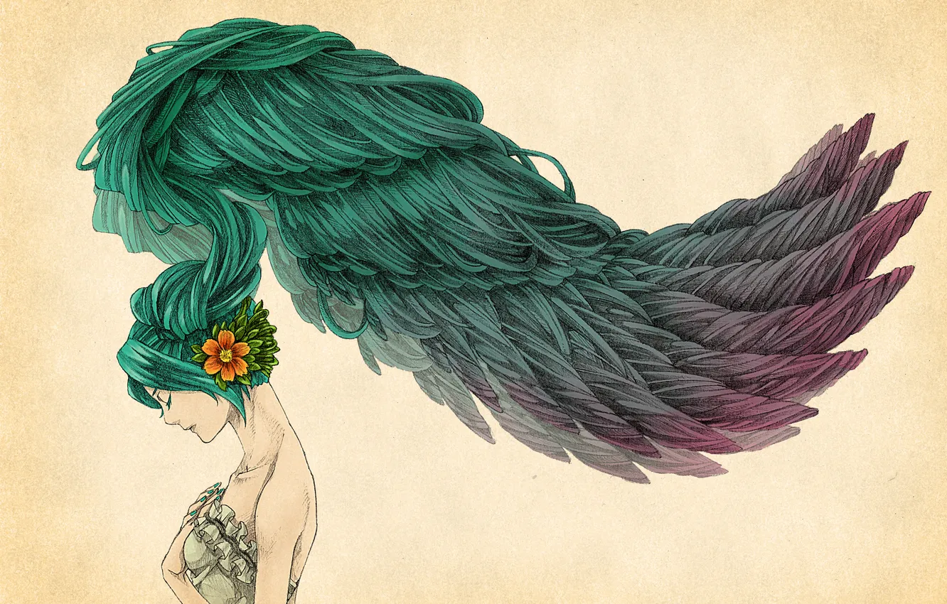 Photo wallpaper flowers, hair, figure, wings, art, profile, vocaloid, hatsune miku