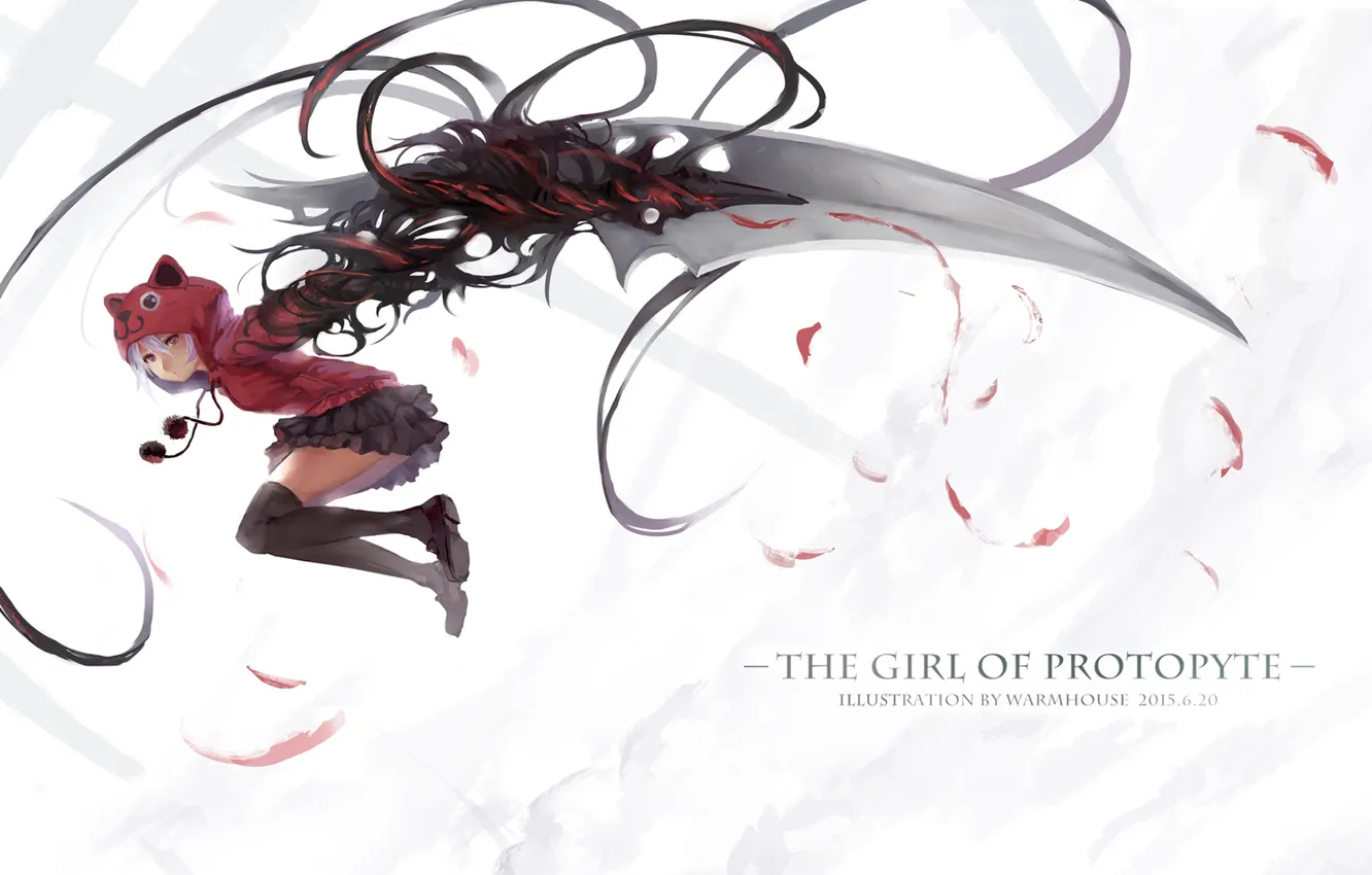 Photo wallpaper girl, weapons, blood, anime, art, hood, ears, warmhouse