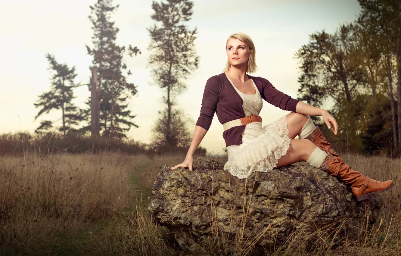 Photo wallpaper eyes, girl, the sun, trees, stones, hair, boots, lips