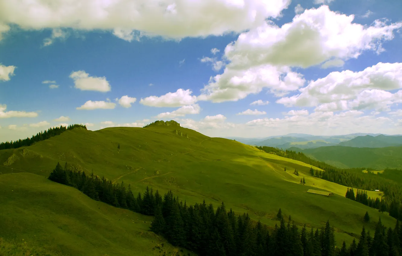 Photo wallpaper the sky, clouds, mountains, hills