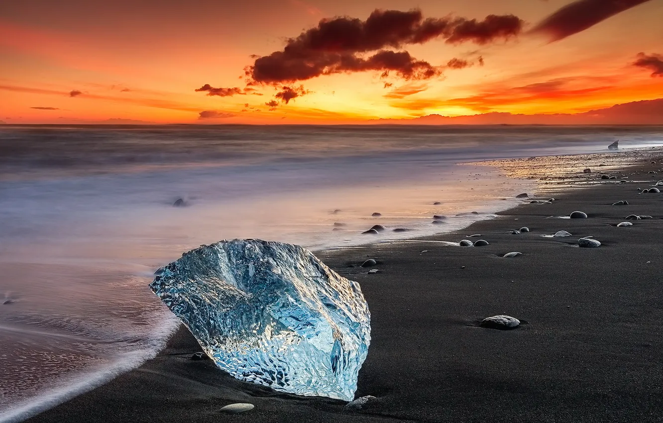 Photo wallpaper ice, sea, sunset
