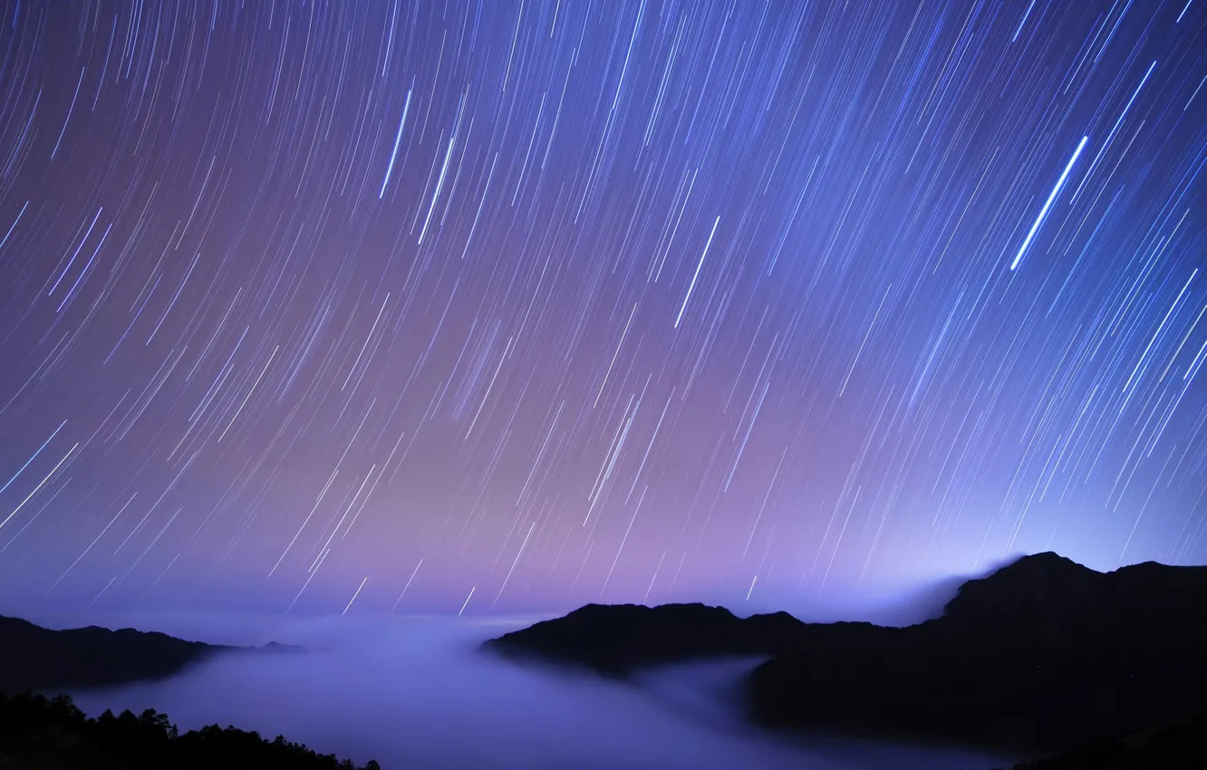 Photo wallpaper the sky, clouds, circles, mountains, height, shooting, starry sky