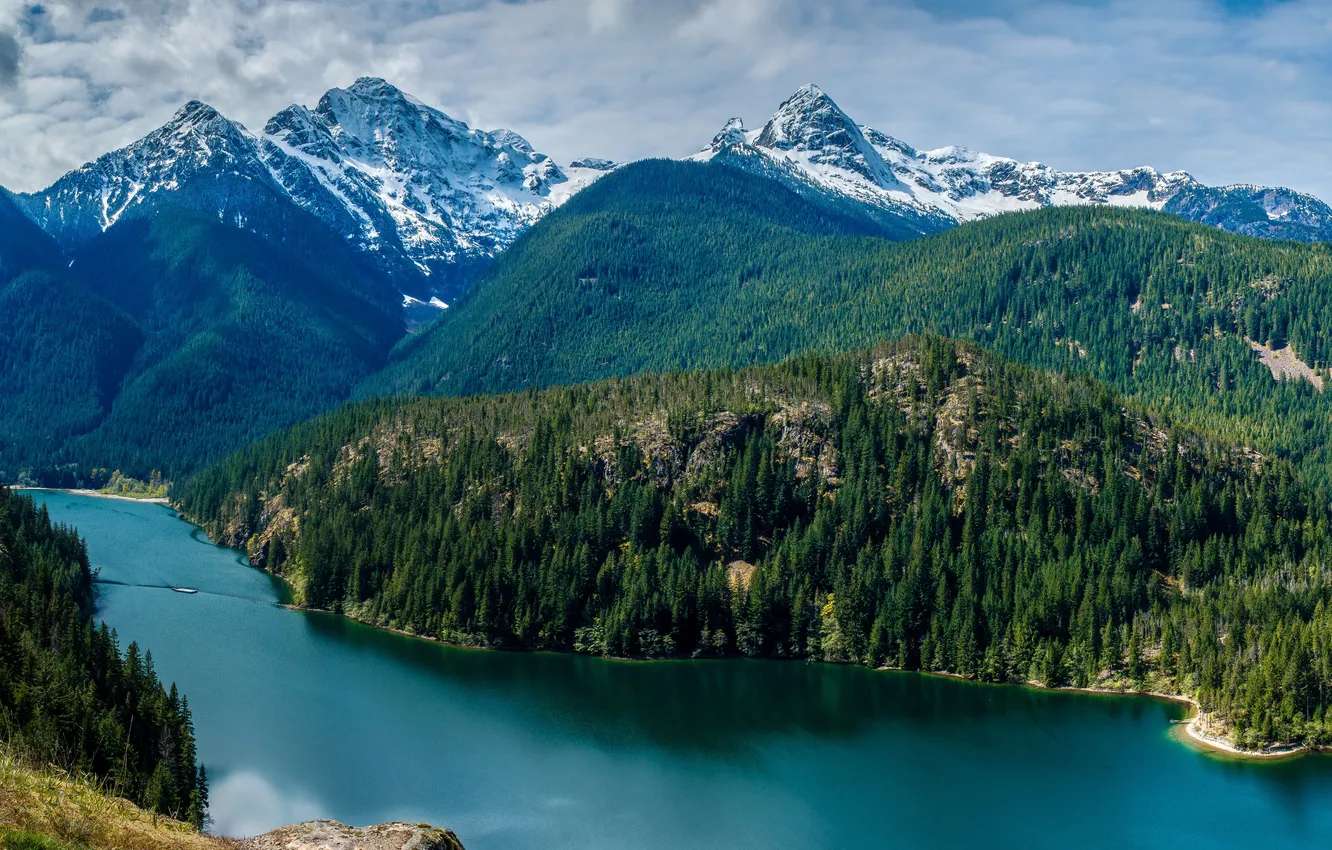 Photo wallpaper forest, the sky, clouds, trees, mountains, lake, USA, Diablo Lake