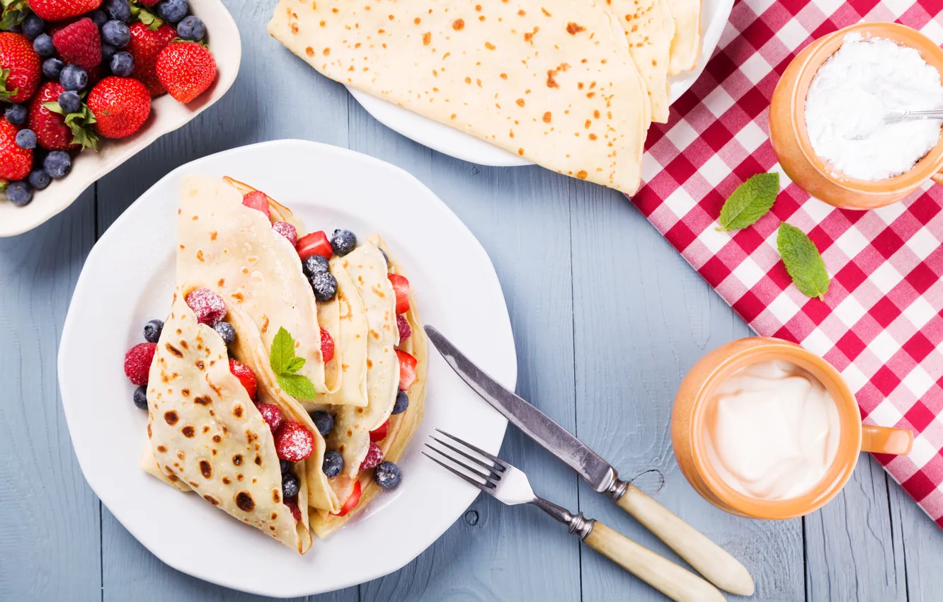Photo wallpaper berries, food, Breakfast, plate, knife, plug, pancakes
