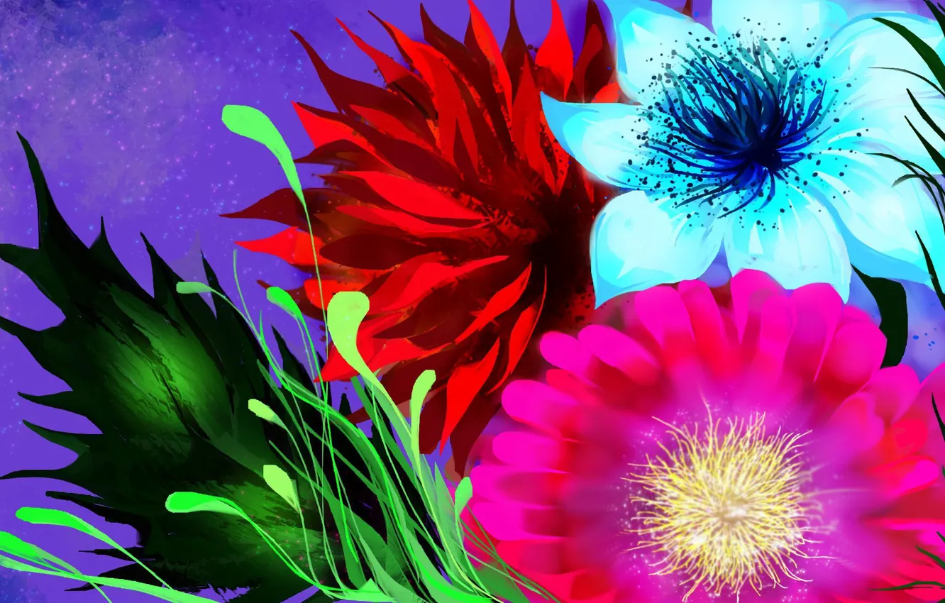 Photo wallpaper flowers, figure, lilac background, fantasy flowers