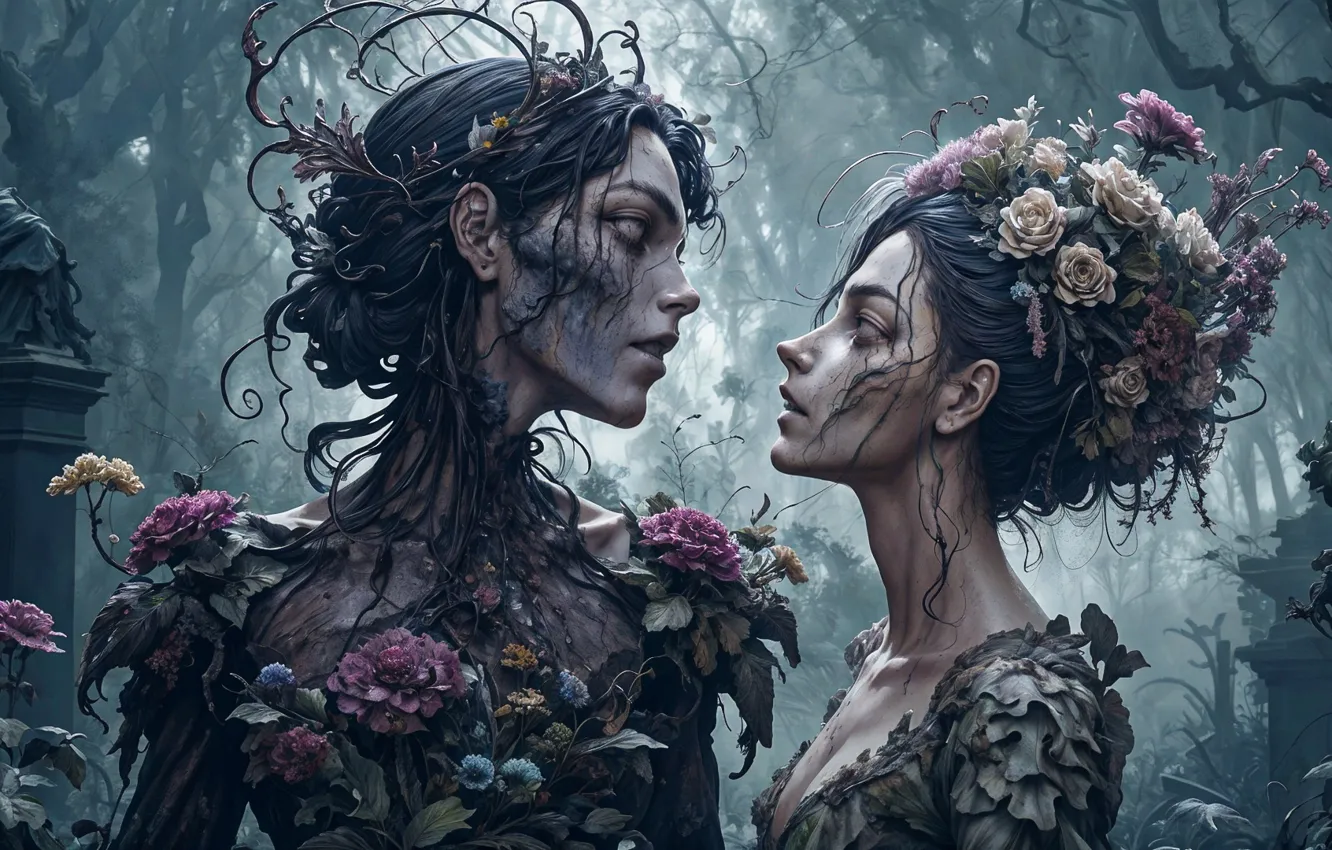 Photo wallpaper flowers, thickets, Gothic, zombies, monument, cemetery, two girls, headstone